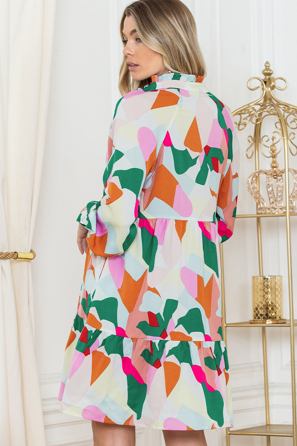 Multicolor Abstract Print Frill V Neck Tiered Dress