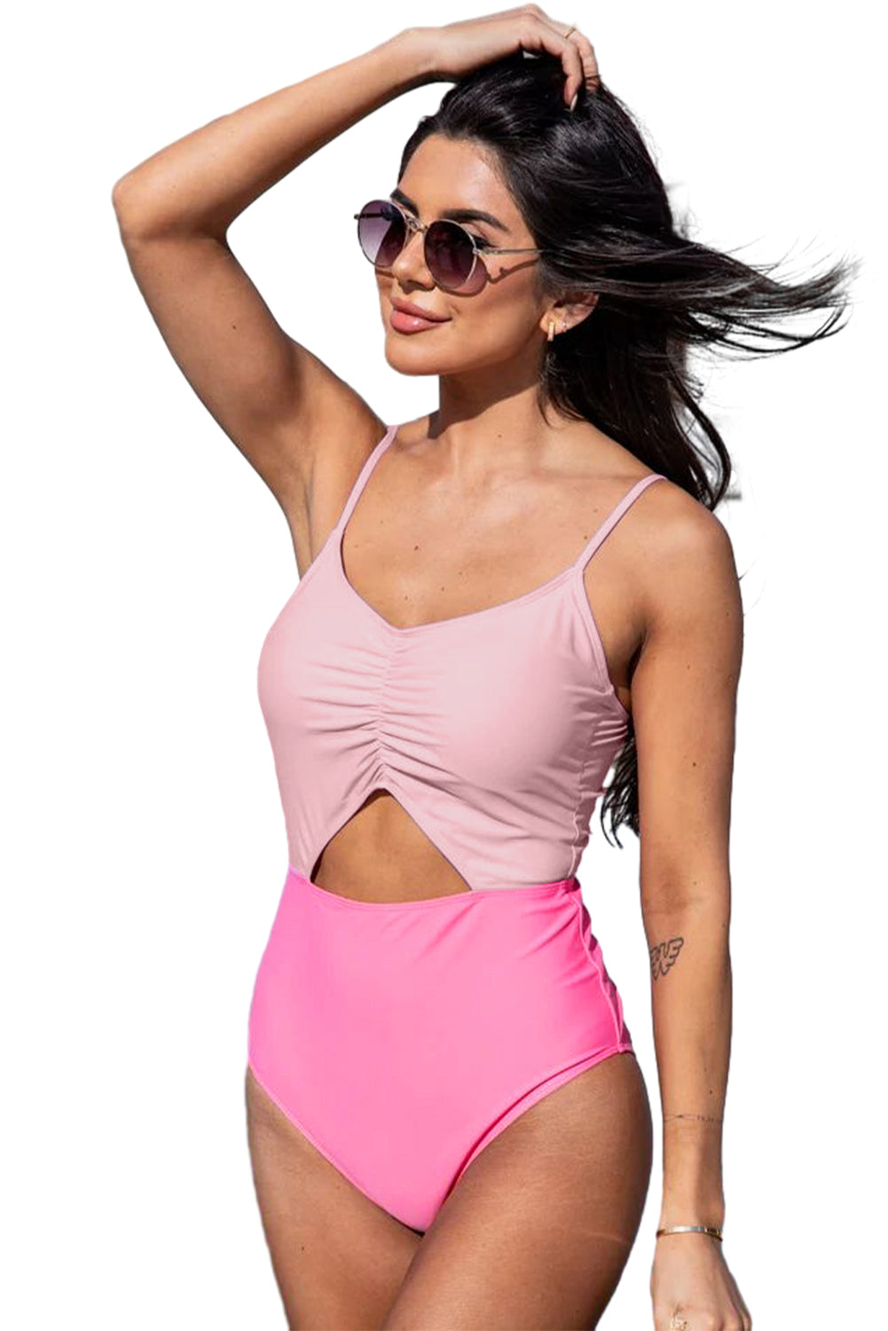 Pink Color Block Cut Out Knotted Backless One Piece Swimsuit