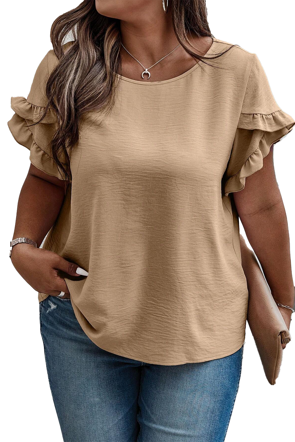 Light French Beige Ruffled Short Sleeve Plus Size Top