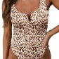 Khaki Leopard Print Notched Neck Backless One Piece Swimsuit