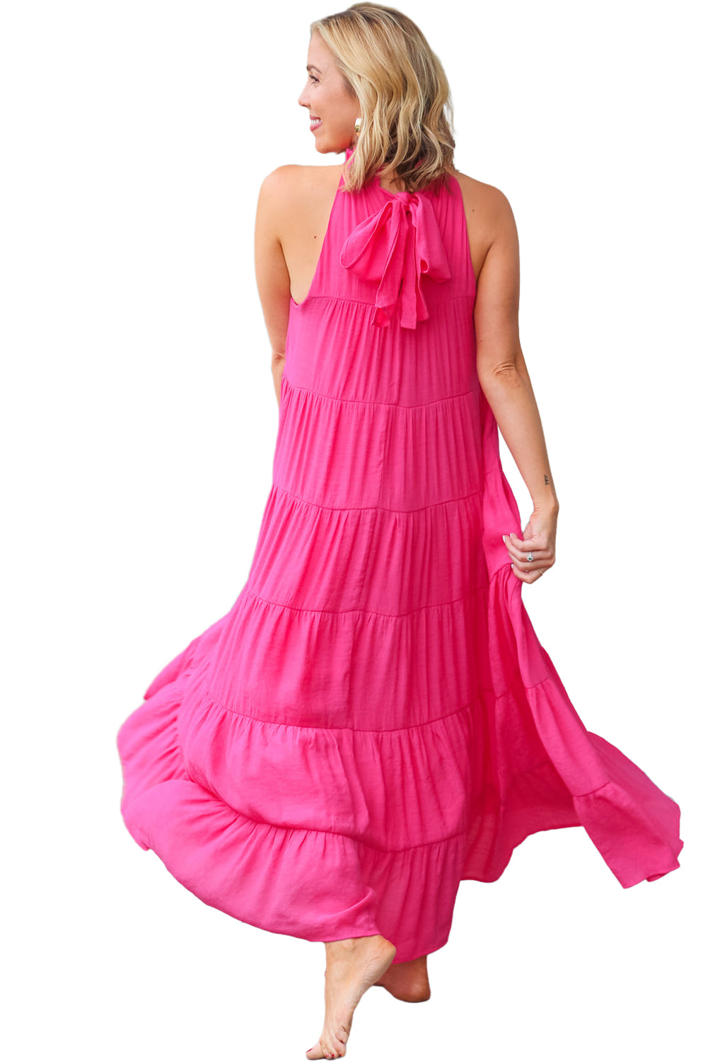 Rose Red Knotted Frill Neck Tiered Flared Maxi Dress