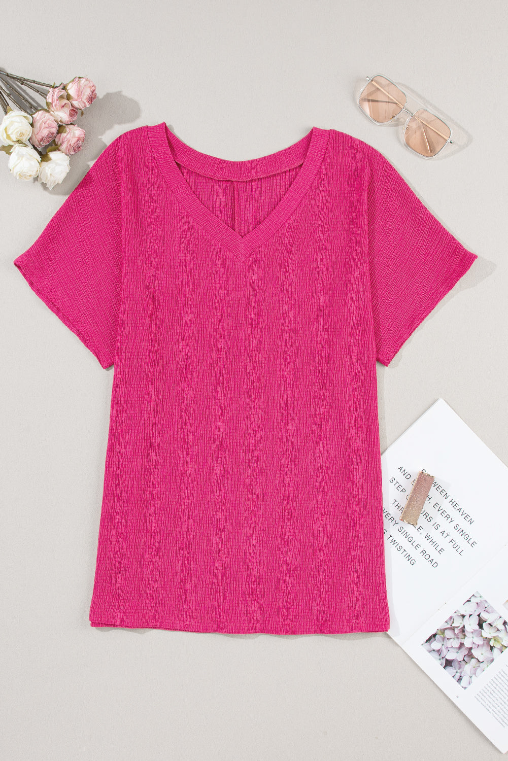 Apricot Plain Crinkled V Neck Short Sleeve Blouse