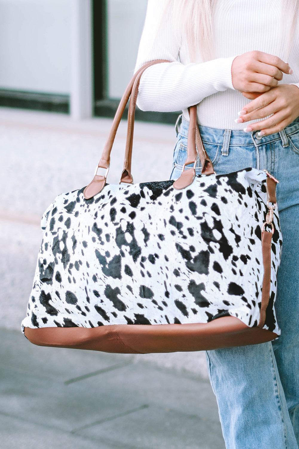 White Animal Spots Printed Leather Tote Bag