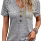 Gray Solid Lace Sleeve Button V Neck T Shirt