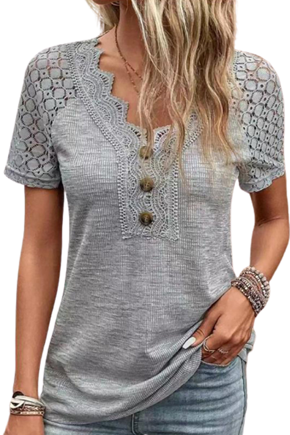 Gray Solid Lace Sleeve Button V Neck T Shirt