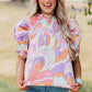 Pink Abstract Print Smocked Bubble Sleeve Blouse