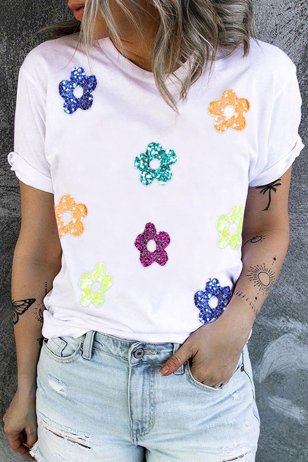 White Sequin Flower Patch Graphic Round Neck T Shirt