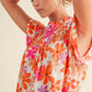 Orange Boho Floral Print Ruffled Sleeve Smocked Shirt