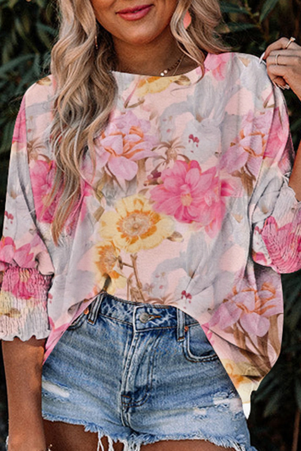 Pink Shirred Cuffs 3/4 Sleeve Loose Fit Floral Blouse