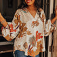 White Boho Floral V Neck Bishop Sleeve Blouse