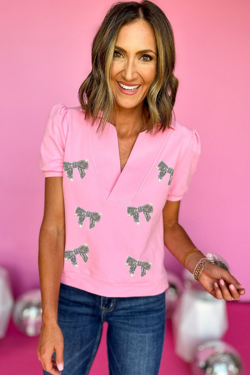 Pink Sequin Bow Knot Patched Graphic Collared V Neck T Shirt