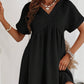 Black Folded Short Sleeve Lace V Neck Mini Dress