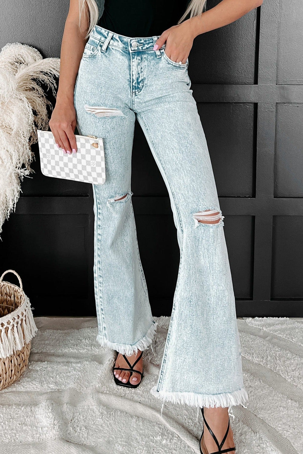 Light Blue Casual Distressed Washed Flare Jeans