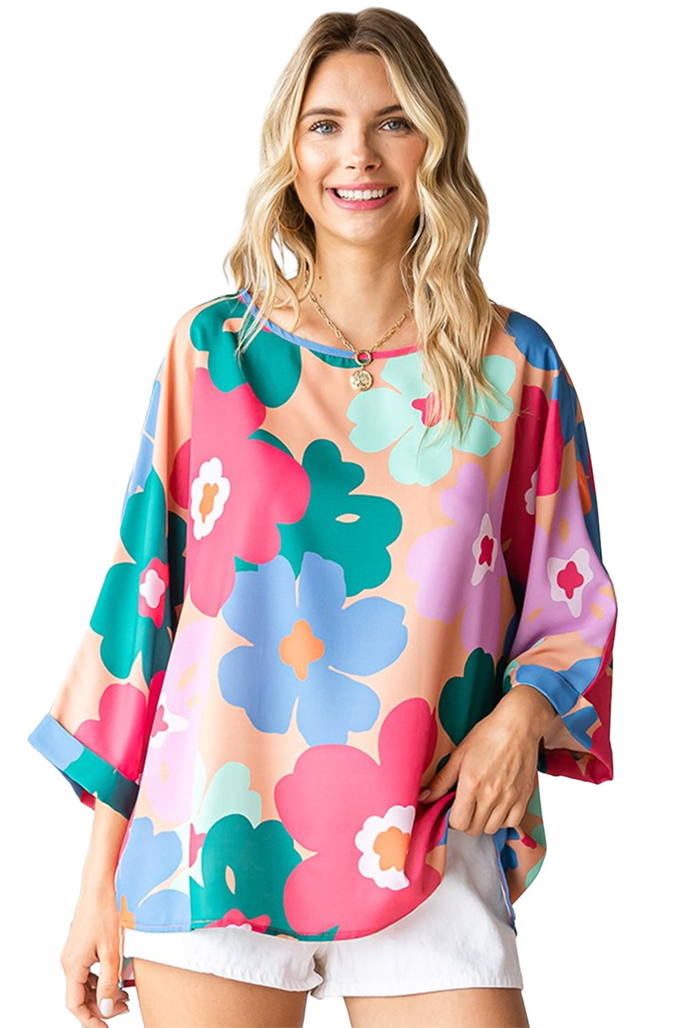 Pink Boho Floral Print Bell Sleeve Blouse