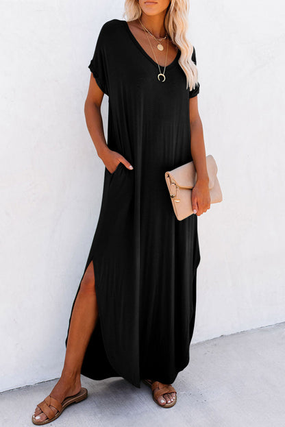 Black Solid Color Hidden Pocket V Neck Slit Maxi Dress