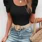 Black Scoop Neck Waffle Knit Puff Sleeve Top