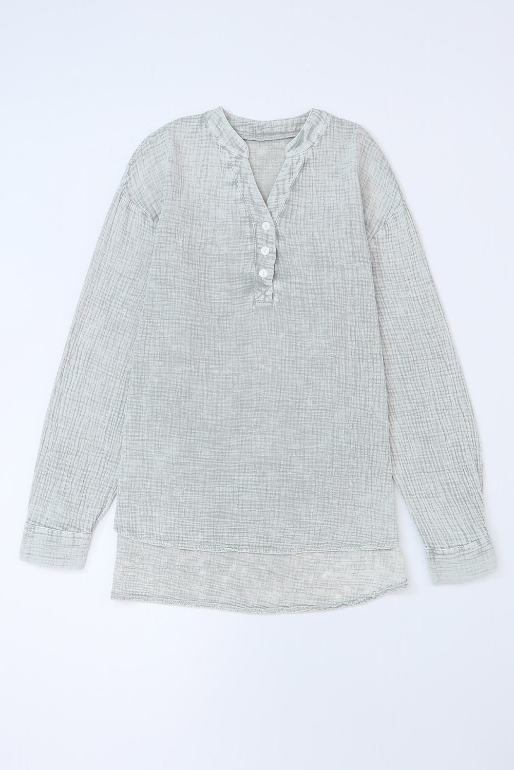 Gray Loose Crinkle Button V Neck Henley Top