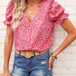 Pink Abstract Print Casual V Neck Ruffle Sleeve Blouse