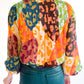 Rose Leopard Color Block Puff Sleeve Crinkle Blouse