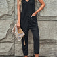 Black Textured Sleeveless V-Neck Pocketed Casual Jumpsuit