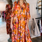 Orange Abstract Print Pleated Half Sleeve Buttoned Maxi Dress