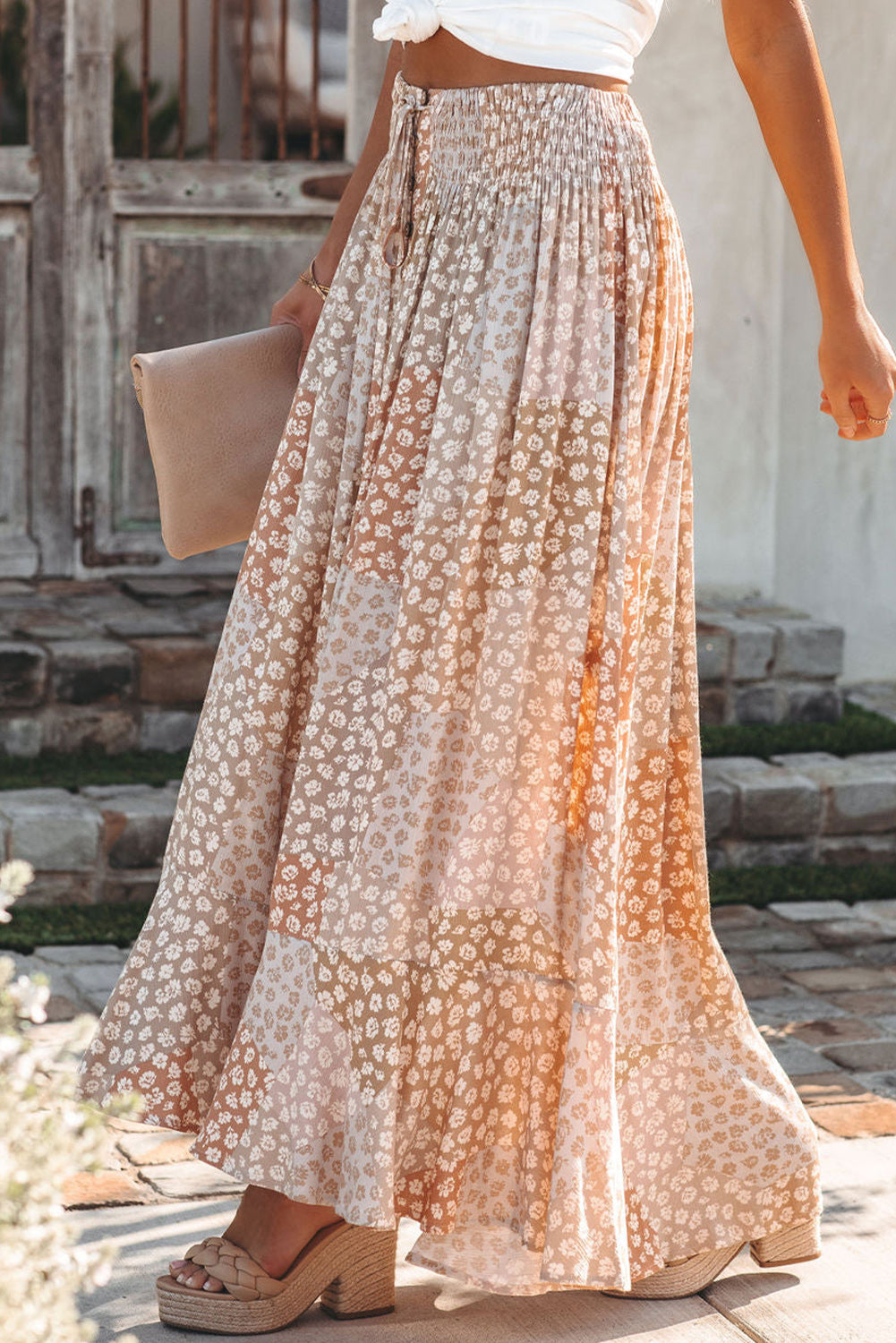 Apricot Boho Flower Print Smocked Waist Button Slit Maxi Skirt