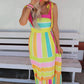 Yellow Multicolor Striped Print Bow Knot Straps Sleeveless Maxi Dress