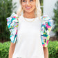 White Abstract Print Puff Sleeve Textured Top