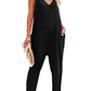 Black Textured Sleeveless V-Neck Pocketed Casual Jumpsuit