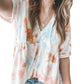 White Tie Dye Boho Flowy Lace Up V Neck Top