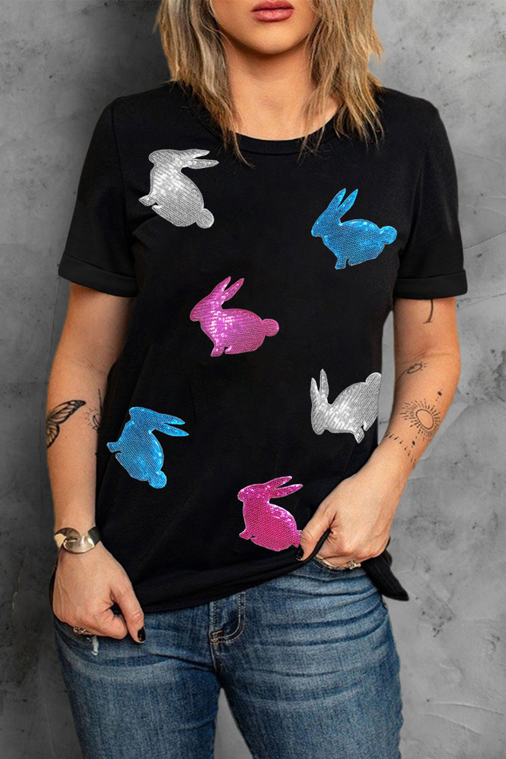 Black Sequin Easter Bunny Graphic Round Neck T Shirt