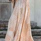 Apricot Boho Flower Print Smocked Waist Button Slit Maxi Skirt