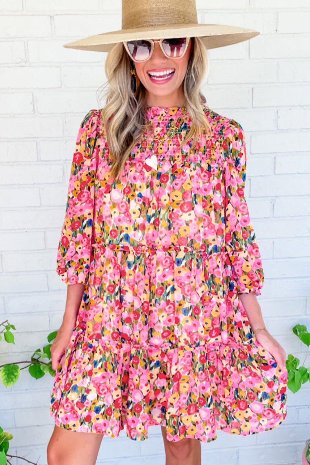 Floral 3/4 Sleeve Smocked Frill Tiered Dress
