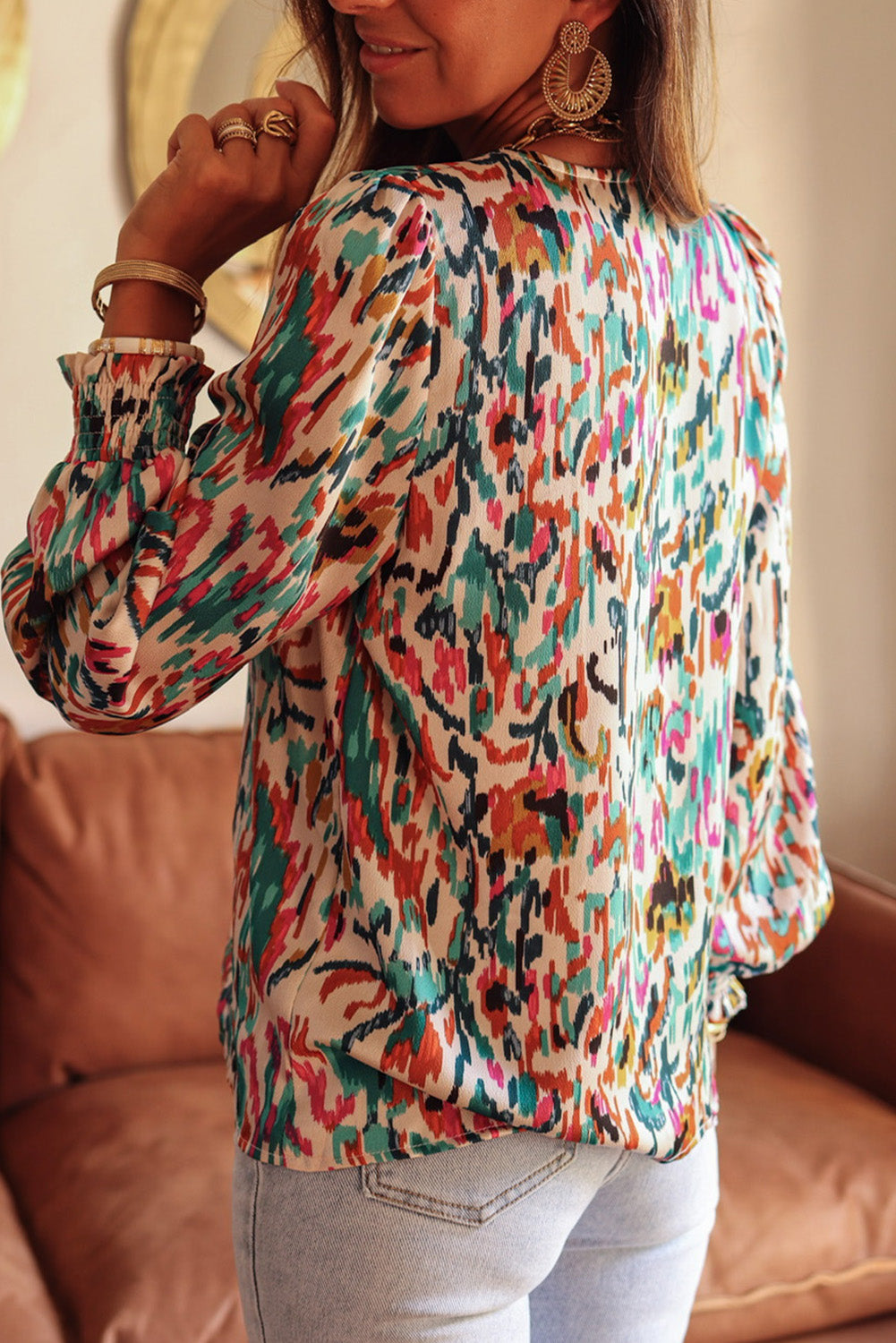 Multicolor Abstract Print Boho V Neck Shirred Cuffs Blouse