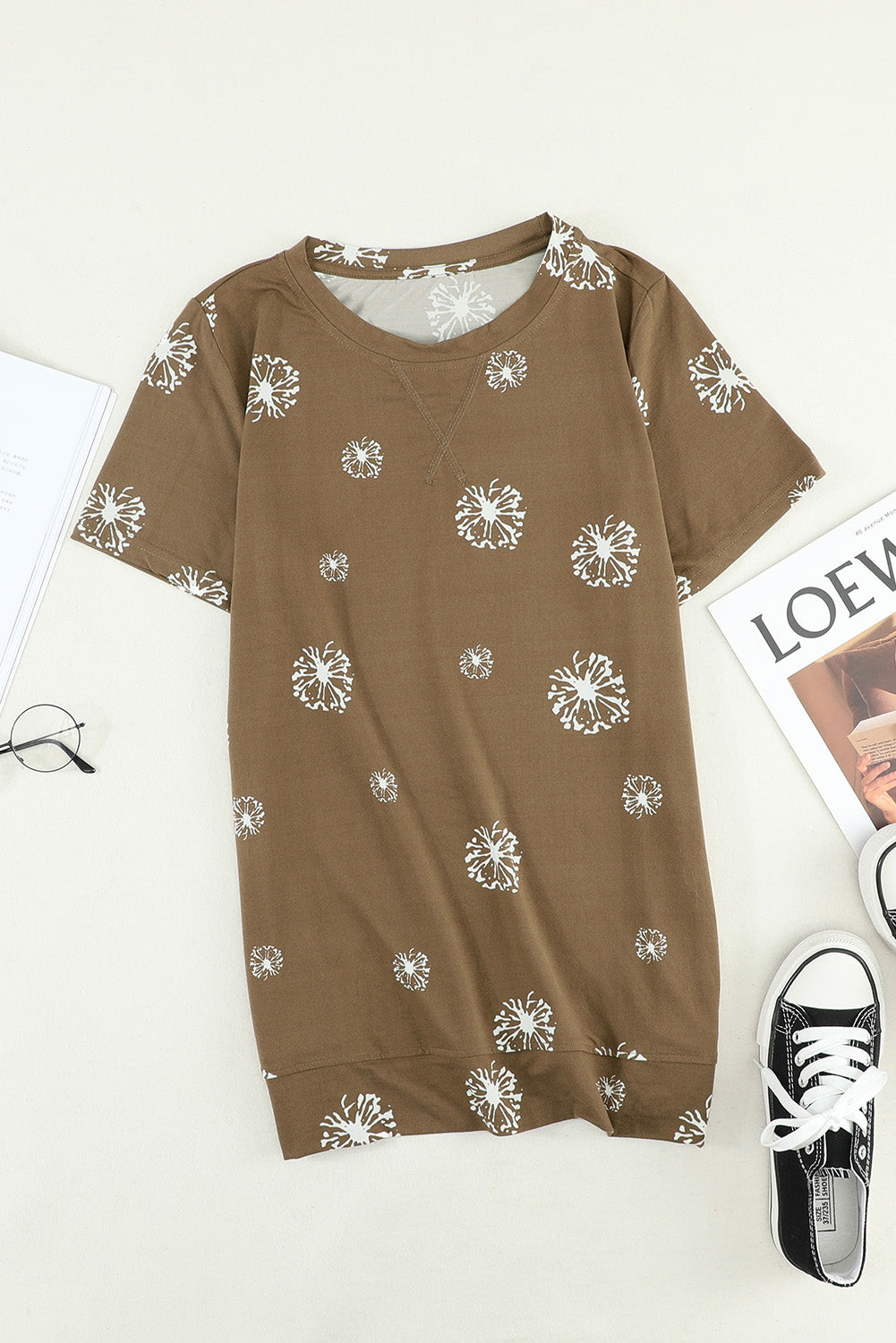 Brown Dandelion Print Casual Crew Neck T-shirt