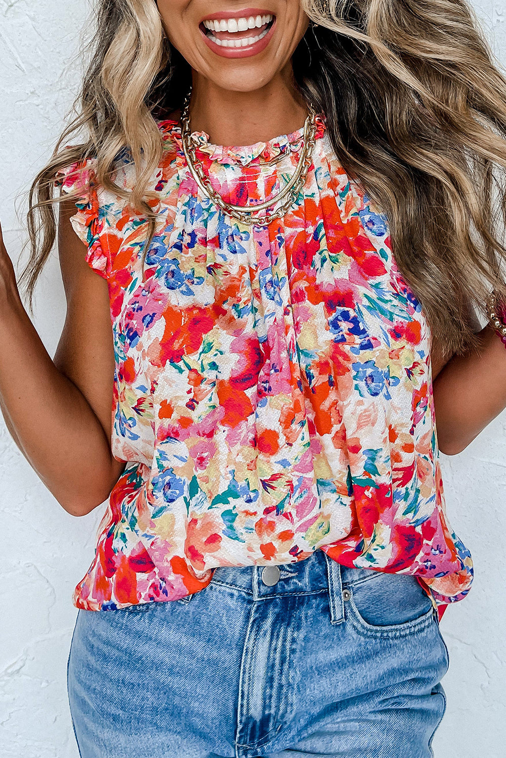 Red Boho Floral Print Frill Neck Pleated Sleeveless Shirt