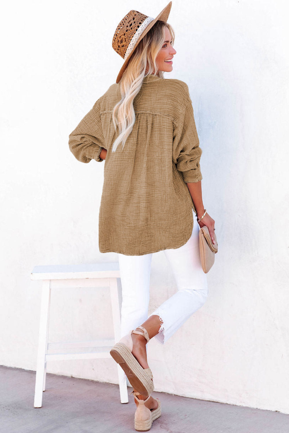 Gray Loose Crinkle Button V Neck Henley Top