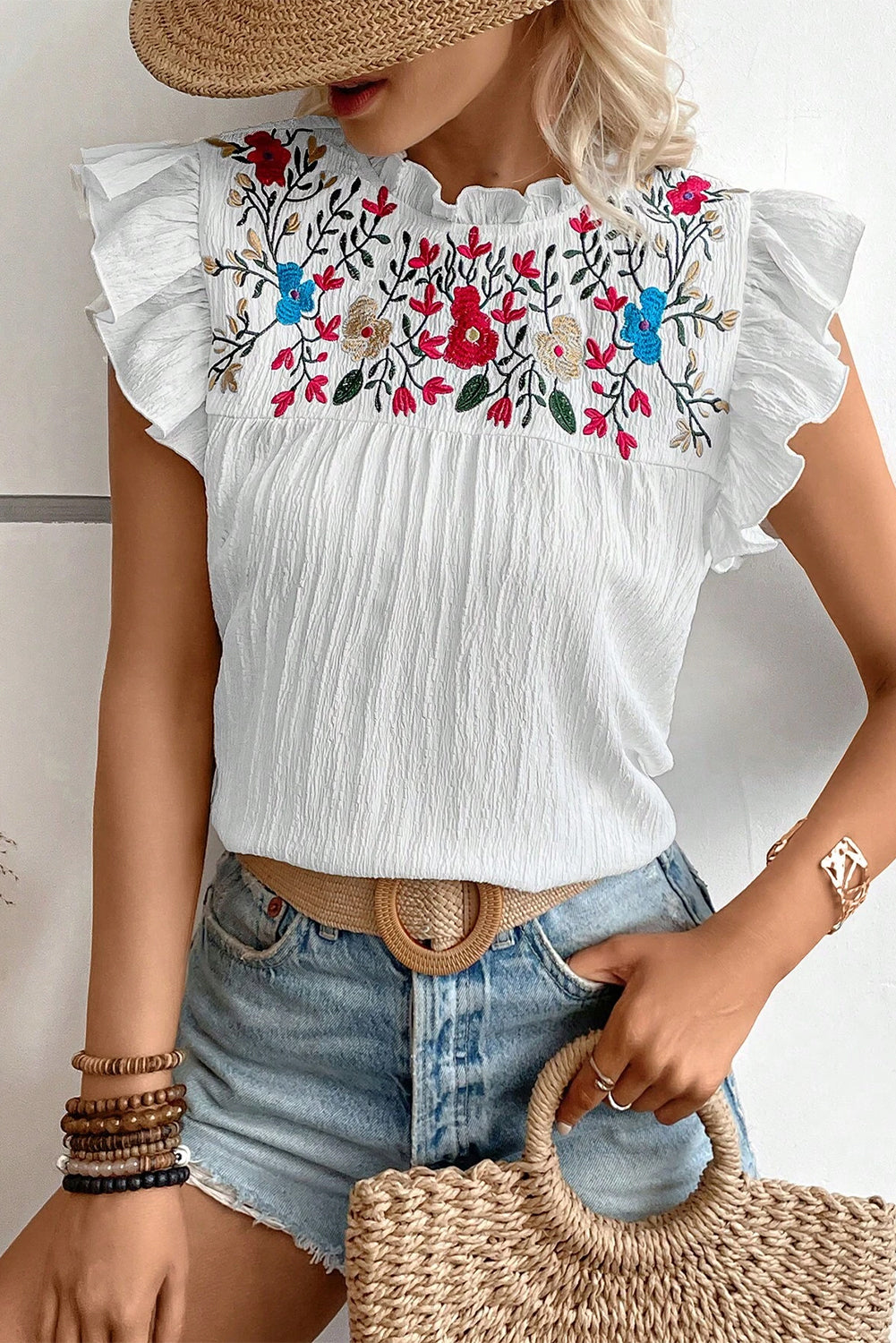 White Floral Embroidery Frilled Trim Crinkled Blouse