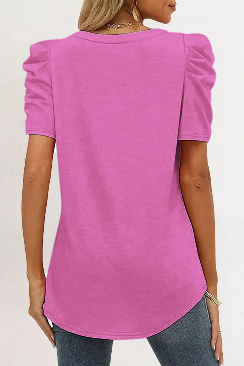 Rose Puff Sleeve Casual V Neck T-Shirt