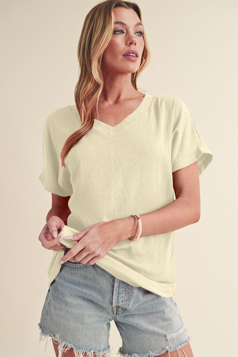 Apricot Plain Crinkled V Neck Short Sleeve Blouse