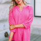 Hot Pink Dot Embossed High Low Hem Button Down Blouse