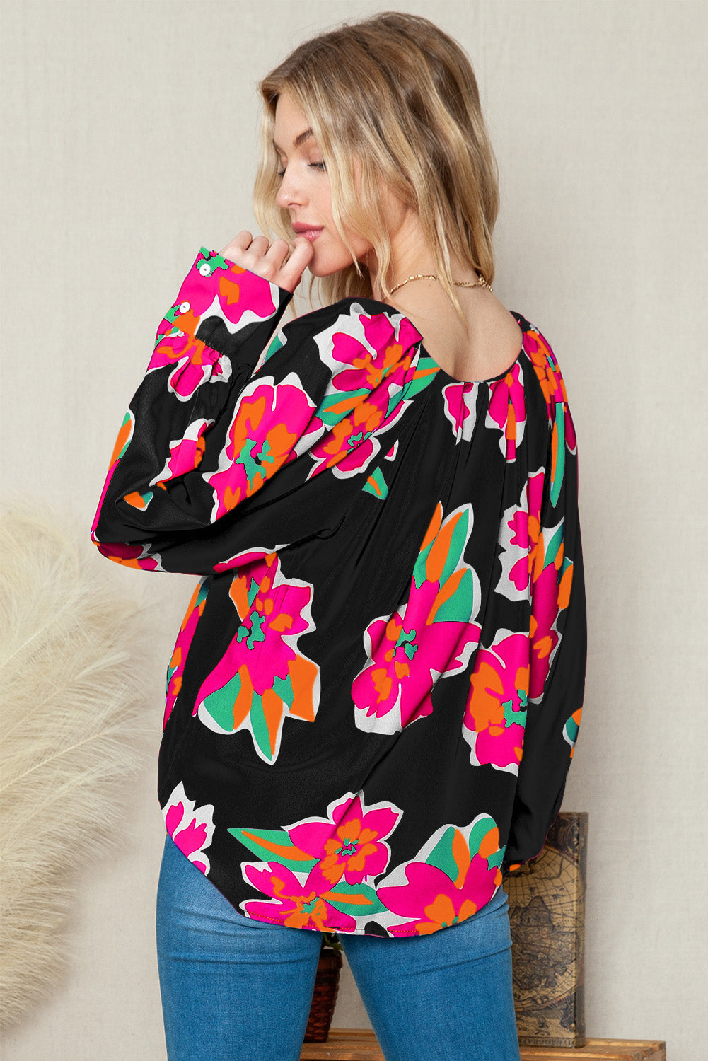 Rose Floral Print V Neck Puff Sleeve Blouse