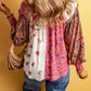 Multicolor Floral Patchwork Shirred Cuffs Buttoned Blouse
