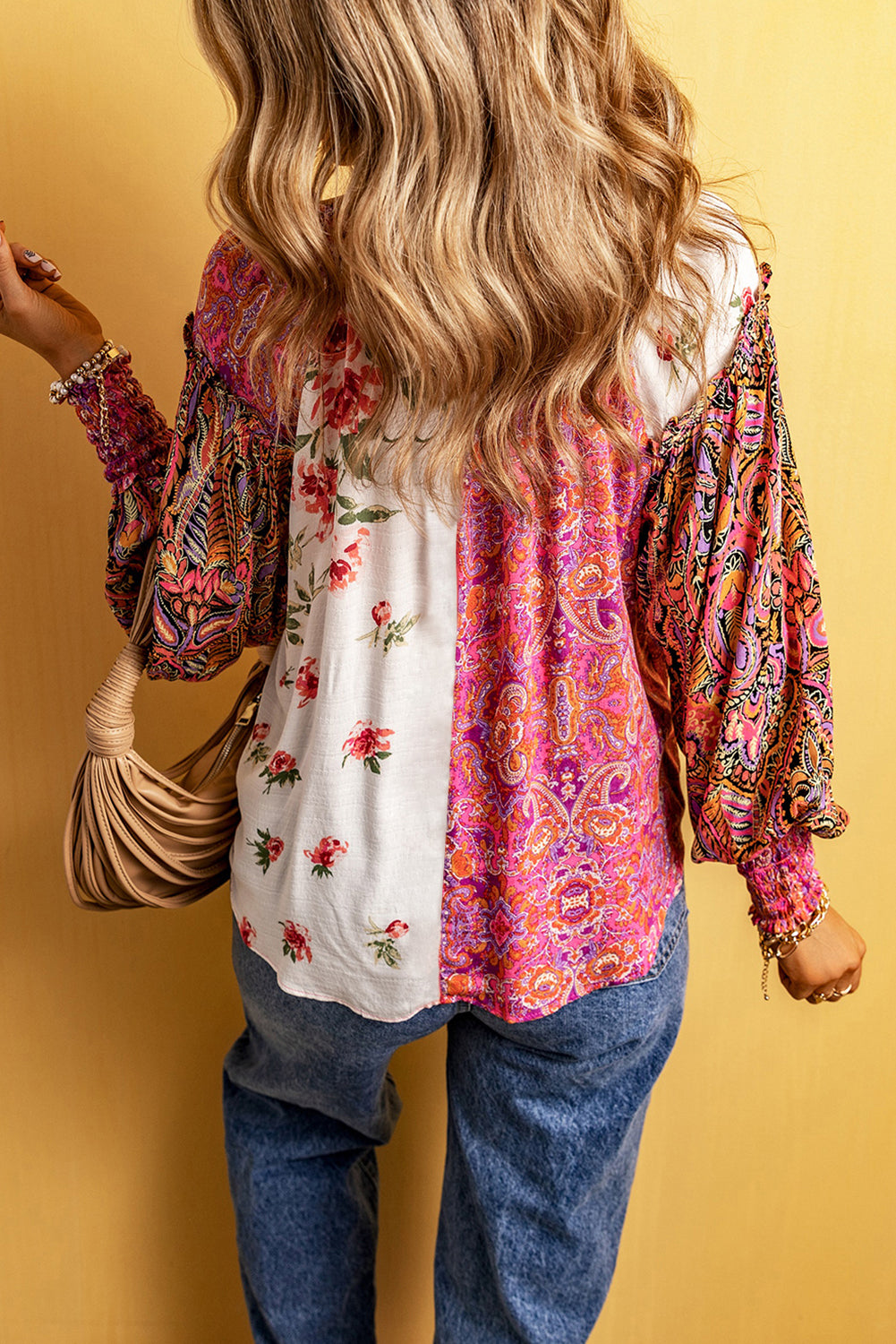 Multicolor Floral Patchwork Shirred Cuffs Buttoned Blouse