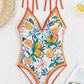 Orange Fruit Plant Print Tie Straps V Neck One Piece Swimsuit