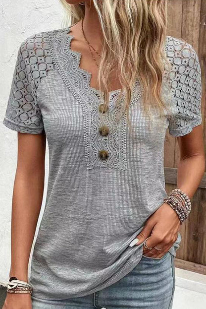 Gray Solid Lace Sleeve Button V Neck T Shirt