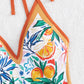 Orange Fruit Plant Print Tie Straps V Neck One Piece Swimsuit