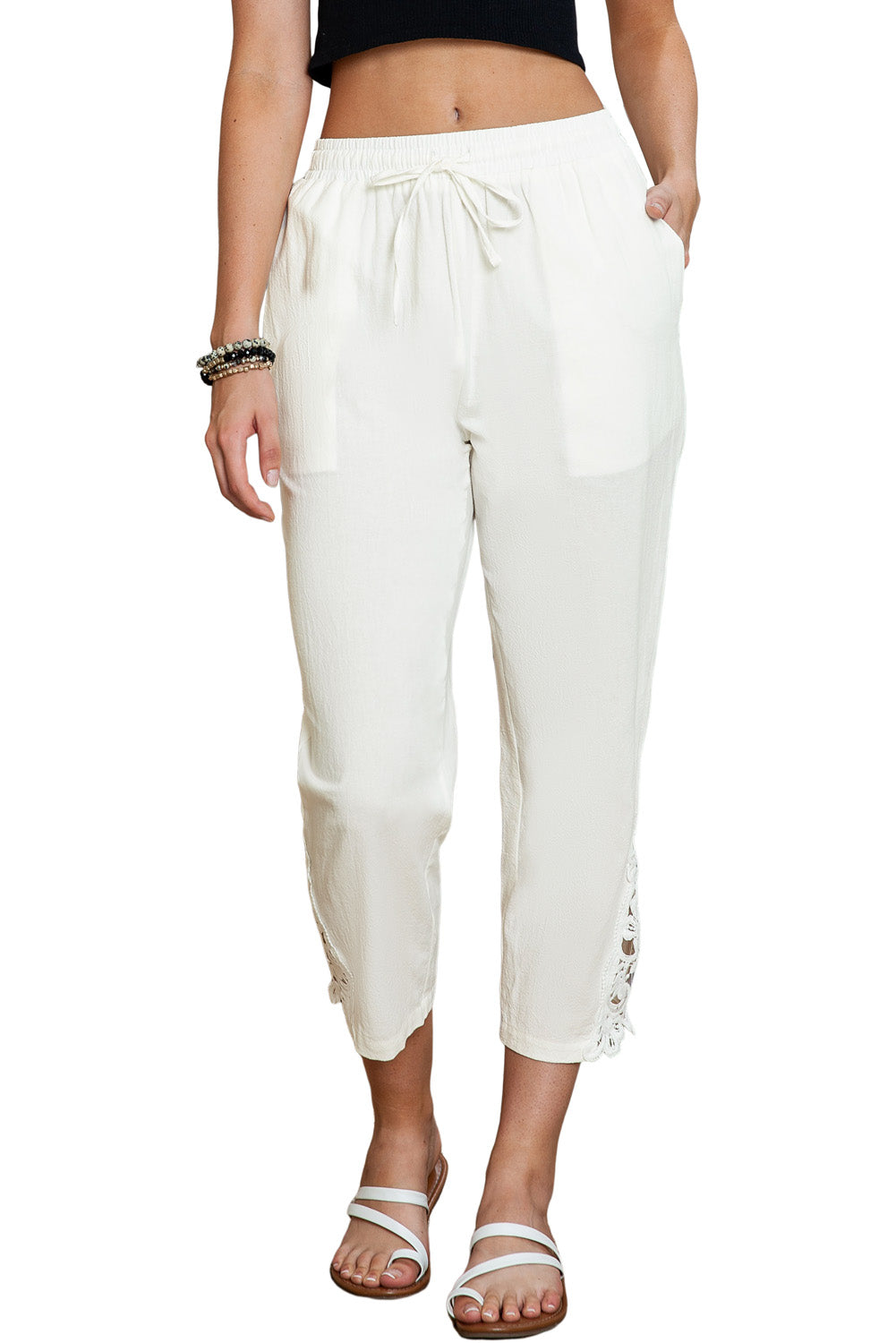 White Lace Splicing Drawstring Linen Pants