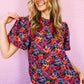 Multicolor Floral Print Round Neck Puff Sleeve Blouse