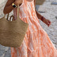 Orange Abstract Print Backless Tiered Maxi Dress